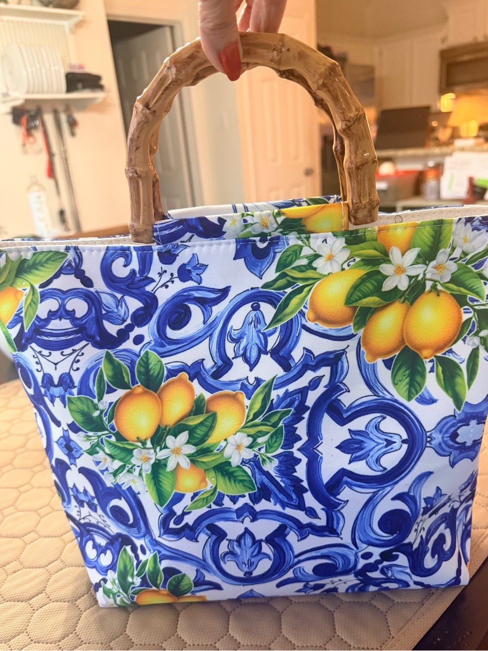 NIP Lemon & blue tile print canvas
tote with Two bamboo like handles.
Gorgeous - Picture 3 of 11